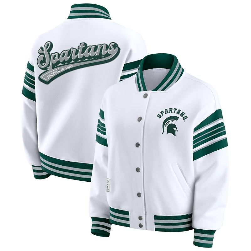 Women's WEAR by Erin Andrews White/Green Michigan State Spartans Satin Stitch Full-Snap Fleece Sweatshirt Jacket