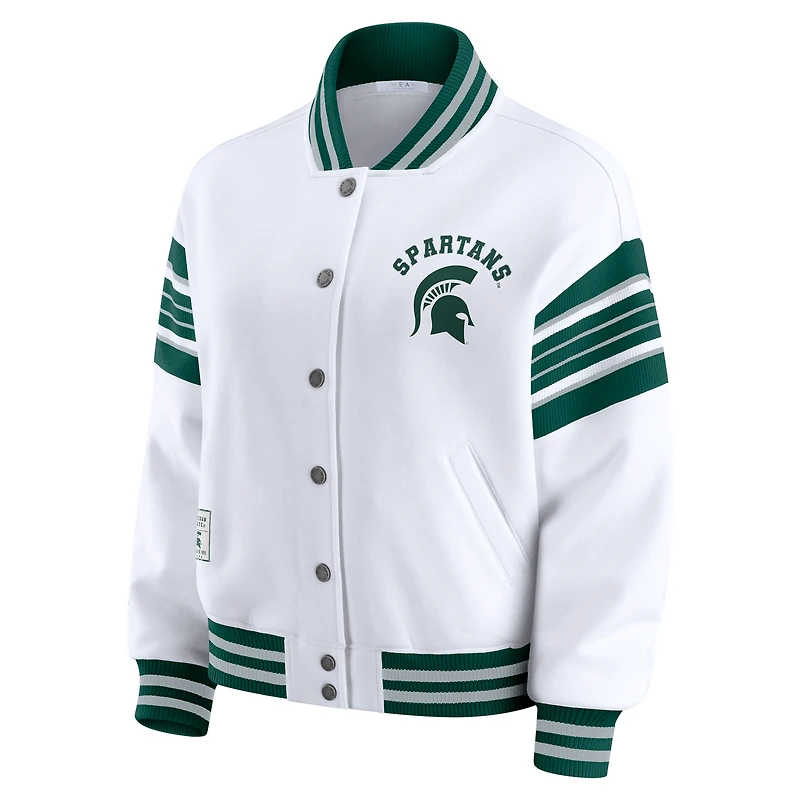 Women's WEAR by Erin Andrews White/Green Michigan State Spartans Satin Stitch Full-Snap Fleece Sweatshirt Jacket