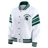 Women's WEAR by Erin Andrews White/Green Michigan State Spartans Satin Stitch Full-Snap Fleece Sweatshirt Jacket