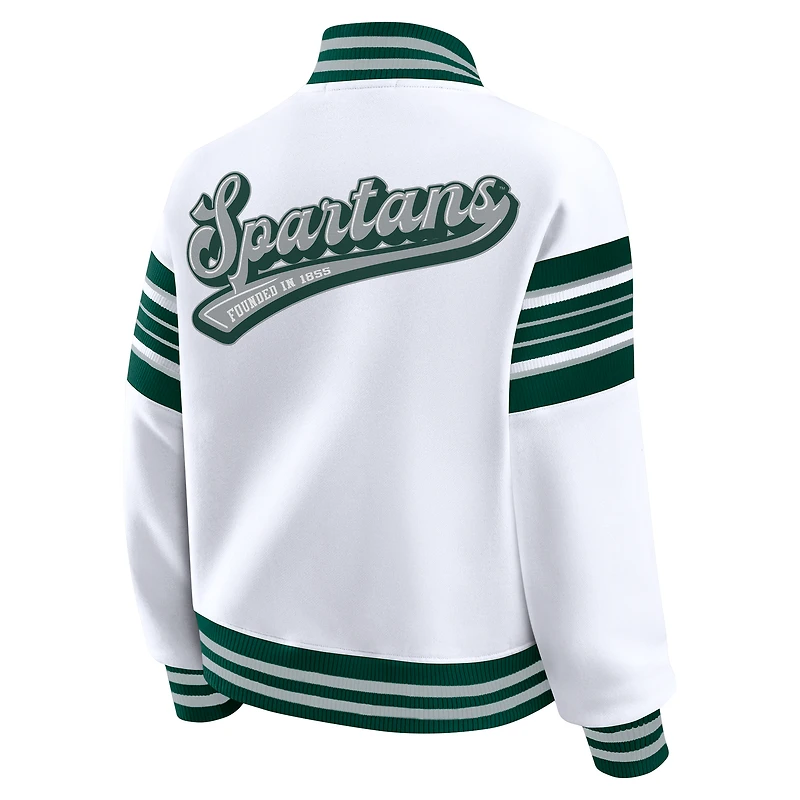 Women's WEAR by Erin Andrews White/Green Michigan State Spartans Satin Stitch Full-Snap Fleece Sweatshirt Jacket
