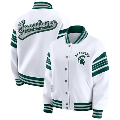 Women's WEAR by Erin Andrews White/Green Michigan State Spartans Satin Stitch Full-Snap Fleece Sweatshirt Jacket