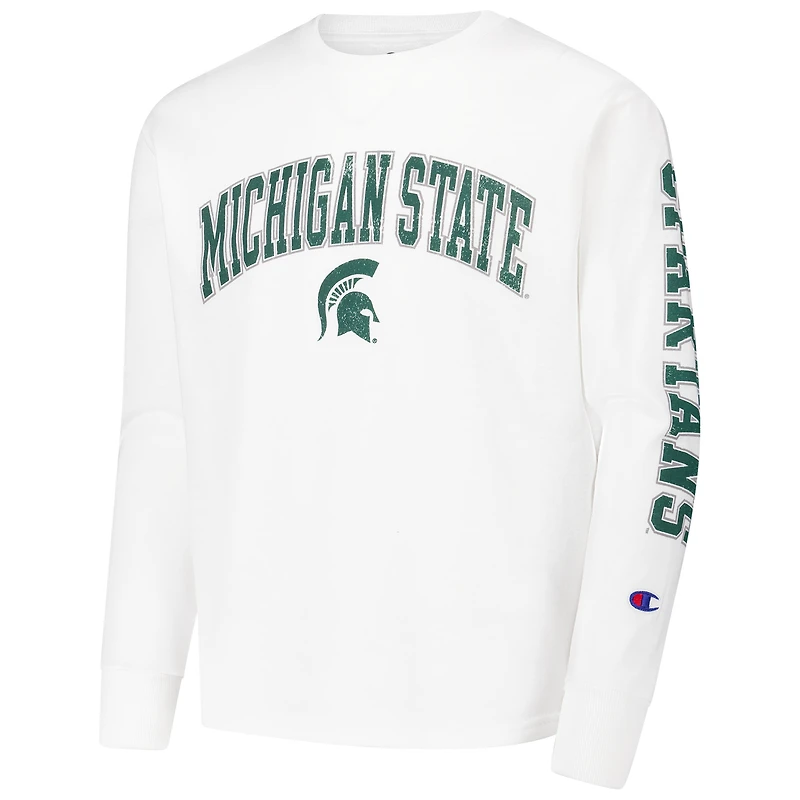 Youth Champion White Michigan State Spartans Distressed Arch Over Logo Long Sleeve T-Shirt