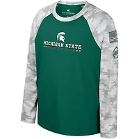 T-shirt à manches longues Raglan pour jeunes Colosseum Green/Camo Michigan State Spartans OHT Appréciation militaire Dark Star