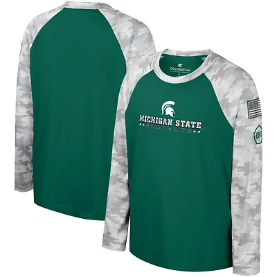 T-shirt à manches longues Raglan pour jeunes Colosseum Green/Camo Michigan State Spartans OHT Appréciation militaire Dark Star