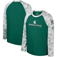 T-shirt à manches longues Raglan pour jeunes Colosseum Green/Camo Michigan State Spartans OHT Appréciation militaire Dark Star