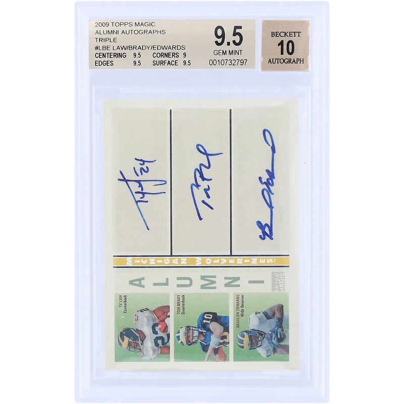 Braylon Edwards, Ty Law and Tom Brady Michigan Wolverines Autographed 2009 Topps Magic Triple Auto #ATA-LBE #15/25 BGS Authenticated 9.5/10 Card - 9.5,9,9.5,9.5 Subgrades