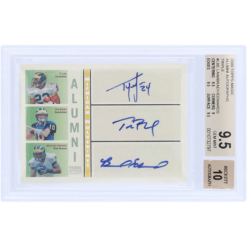Braylon Edwards, Ty Law and Tom Brady Michigan Wolverines Autographed 2009 Topps Magic Triple Auto #ATA-LBE #15/25 BGS Authenticated 9.5/10 Card - 9.5,9,9.5,9.5 Subgrades