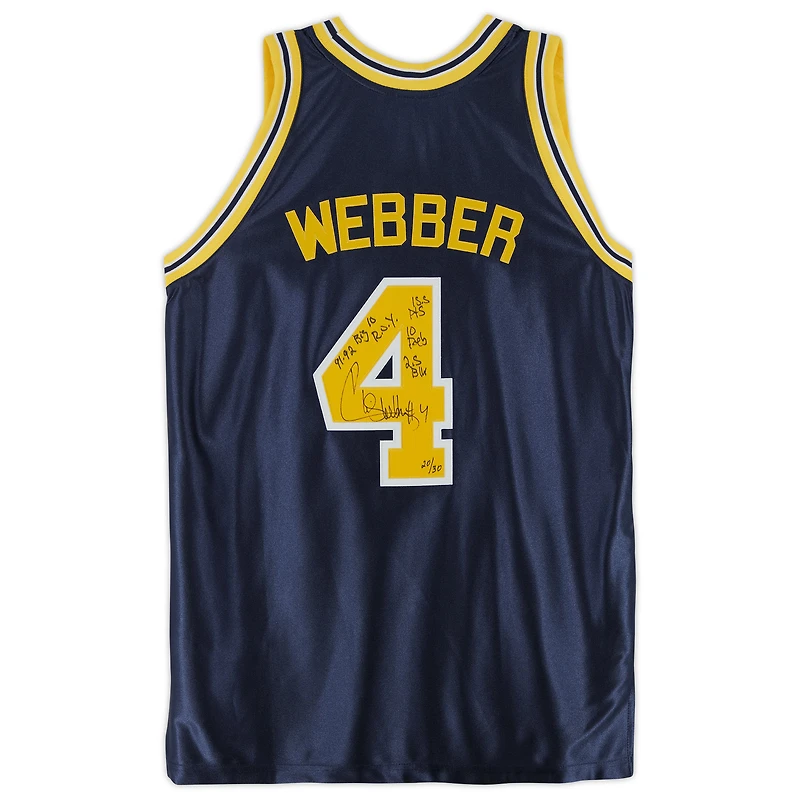 Maillot authentique Mitchell & Ness 1991-92 des Michigan Wolverines, signé par Chris Webber (Marine), avec inscriptions multiples - Édition limitée à 30 exemplaires