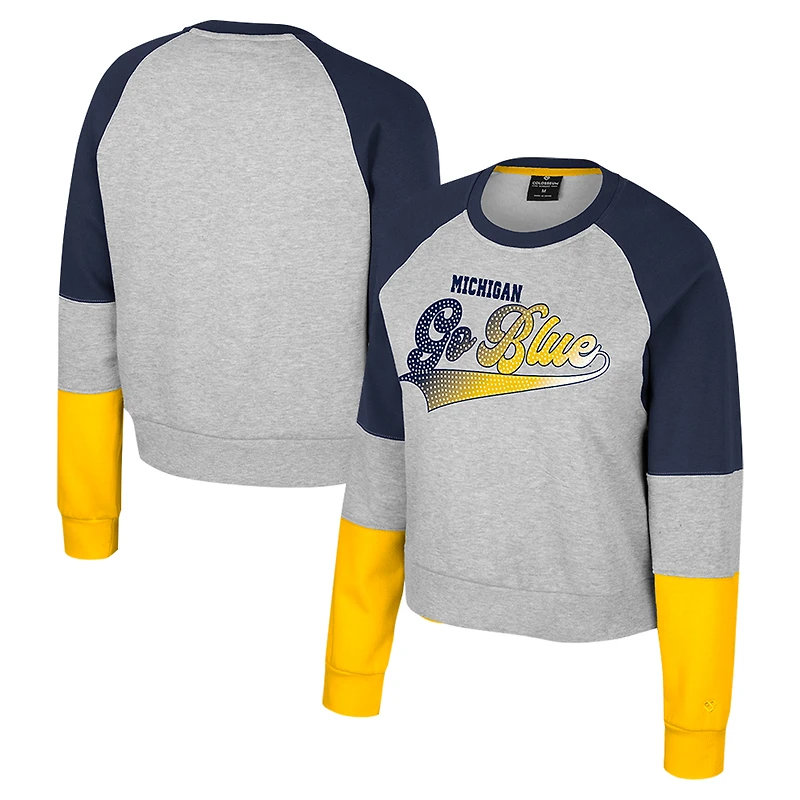 Girls Youth Colosseum Heather Gray Michigan Wolverines Katinka Rhinestone Pullover Sweatshirt