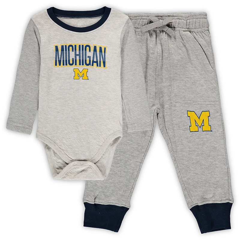 Ensemble body et pantalon à manches longues pour bébé Wes & Willy, gris chiné/bleu marine, Michigan Wolverines Jie
