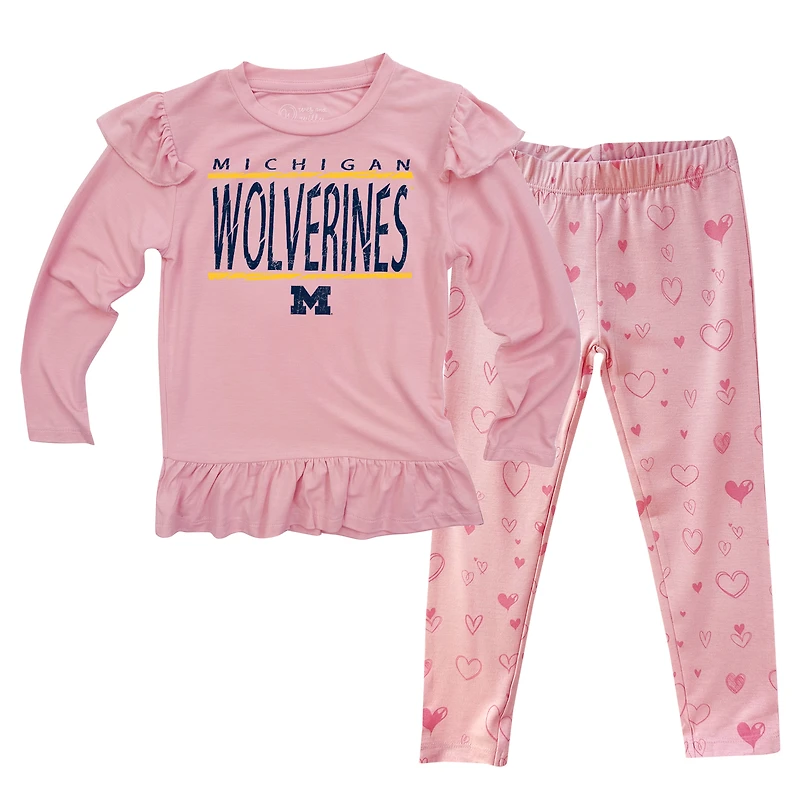 Infant Wes & Willy Pink Michigan Wolverines Heart Print Ruffle Long Sleeve T-Shirt and Pants Sleep Set
