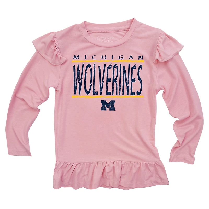 Infant Wes & Willy Pink Michigan Wolverines Heart Print Ruffle Long Sleeve T-Shirt and Pants Sleep Set