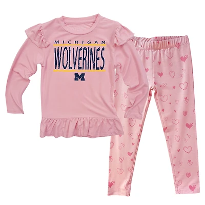 Infant Wes & Willy Pink Michigan Wolverines Heart Print Ruffle Long Sleeve T-Shirt and Pants Sleep Set