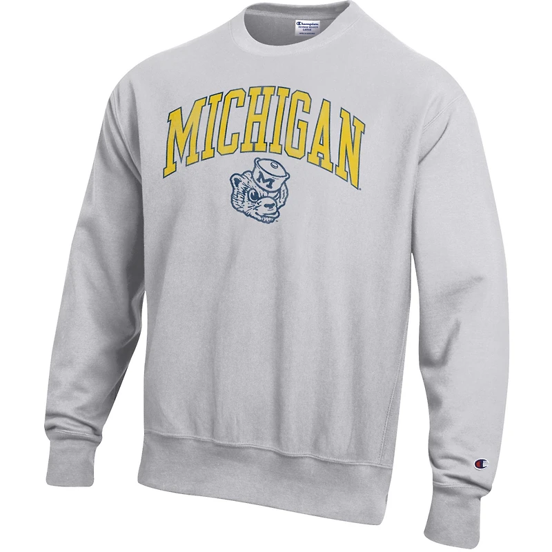 Men's Champion Gray Michigan Wolverines Distressed Arch Over Logo Reverse Weave Crew Neck Sweatshirt