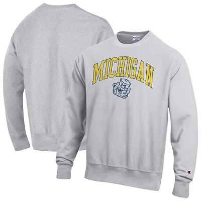 Men's Champion Gray Michigan Wolverines Distressed Arch Over Logo Reverse Weave Crew Neck Sweatshirt