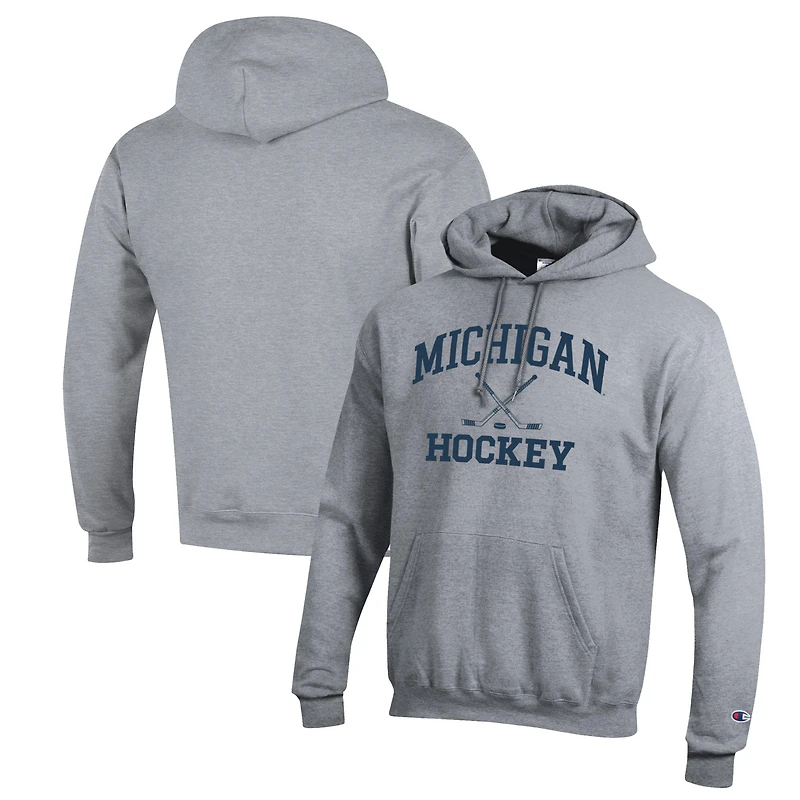 Sweat à capuche Champion pour homme, gris chiné, Michigan Wolverines Hockey Icon Powerblend