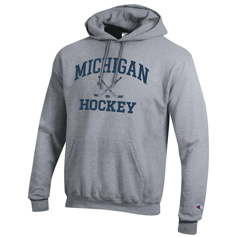 Men's Champion Heather Gray Michigan Wolverines Hockey Icon Powerblend Pullover Hoodie