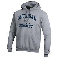 Men's Champion Heather Gray Michigan Wolverines Hockey Icon Powerblend Pullover Hoodie