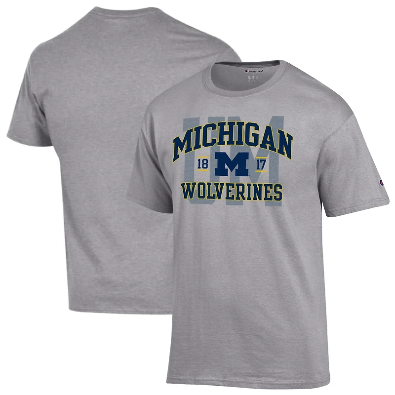 T-shirt universitaire Champion gris chiné pour hommes des Wolverines du Michigan