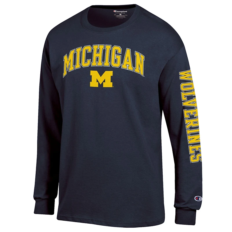 Men's Champion  Navy Michigan Wolverines Arch Over Logo 2-Hit Long Sleeve T-Shirt