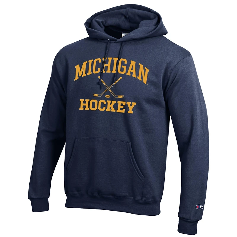 Men's Champion Heather Gray Michigan Wolverines Hockey Icon Powerblend Pullover Hoodie