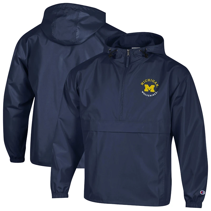 Men's Champion Navy Michigan Wolverines Packable Hooded Windbreaker Half-Zip Jacket