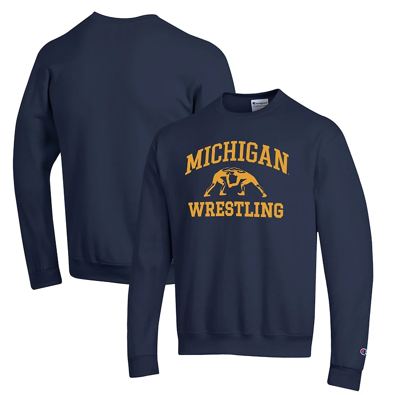 Men's Champion Navy Michigan Wolverines Wrestling Icon Powerblend Pullover Sweatshirt