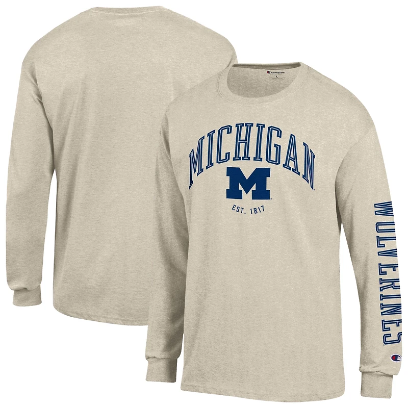 Men's Champion Oatmeal Michigan Wolverines Neutral Arch Long-Sleeve T-Shirt