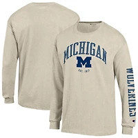 Men's Champion  Oatmeal Michigan Wolverines Neutral Arch Long-Sleeve T-Shirt