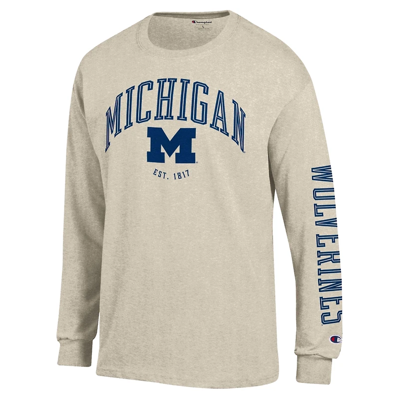 Men's Champion Oatmeal Michigan Wolverines Neutral Arch Long-Sleeve T-Shirt
