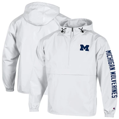 Men's Champion White Michigan Wolverines Cloud Packable Half-Zip Hooded Jacket