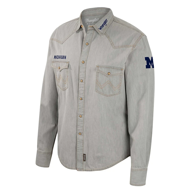 Chemise à manches longues Colosseum x Wrangler Grey Michigan Wolverines Cowboy Cut Western pour hommes