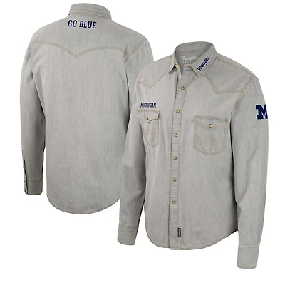 Chemise à manches longues Colosseum x Wrangler Grey Michigan Wolverines Cowboy Cut Western pour hommes