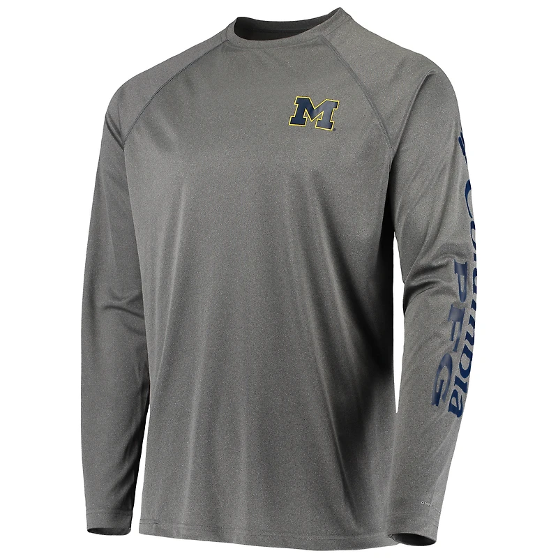 T-shirt à manches longues Columbia Charcoal Michigan Wolverines Terminal Tackle Omni-Shade Raglan pour homme