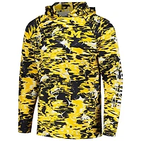 Men's Columbia Navy Michigan Wolverines PFG Terminal Tackle Omni-Shade Rippled Long Sleeve Hooded T-Shirt
