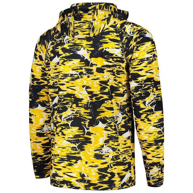 Columbia Navy Michigan Wolverines PFG Terminal Tackle Omni-Shade Rippled T-shirt à capuche manches longues pour homme