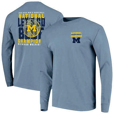 T-shirt à manches longues pour homme, couleurs confort bleues, Michigan Wolverines, champions nationaux de basketball masculin NCAA 2026, avec inscription superposée