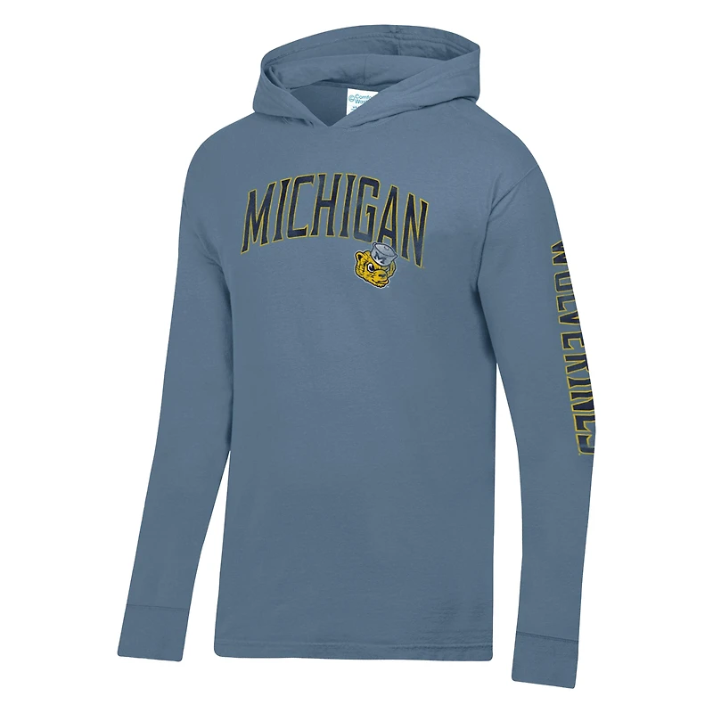 T-shirt à capuche manches longues bleu ComfortWash pour homme des Wolverines du Michigan