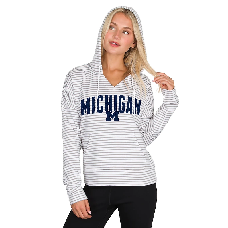 Men's Concepts Sport  White/Gray Michigan Wolverines French Terry Striped V-Neck Pullover Hoodie
