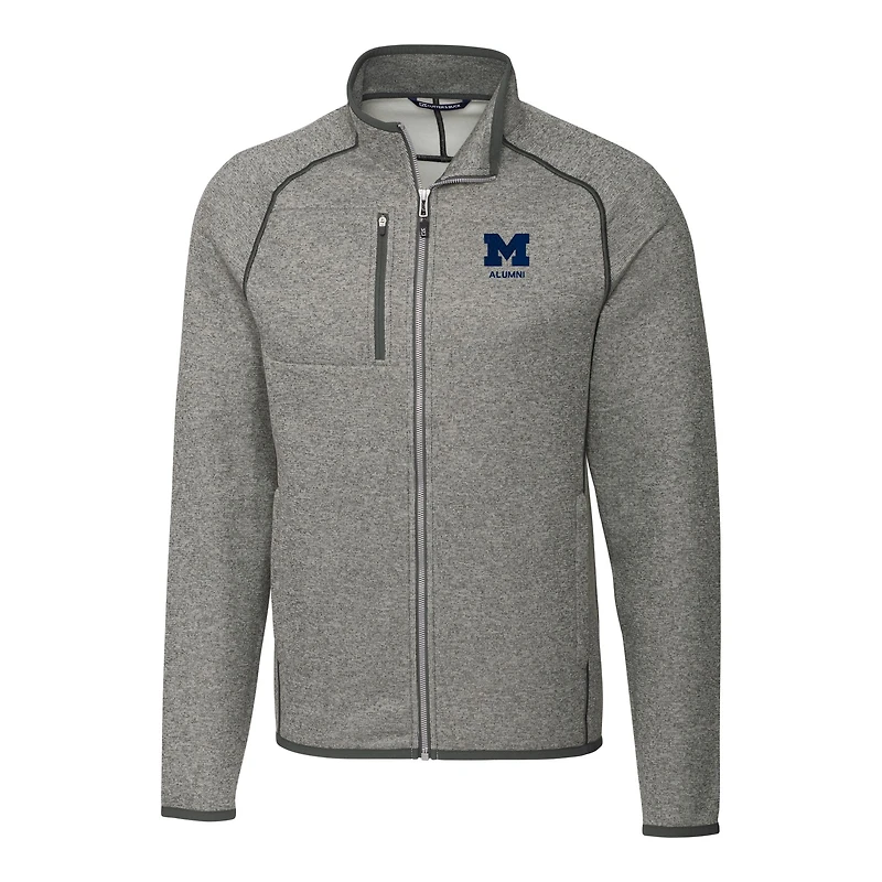 Men's Cutter & Buck  Heather Gray Michigan Wolverines Alumni Logo Mainsail Sweater-Knit Full-Zip Jacket