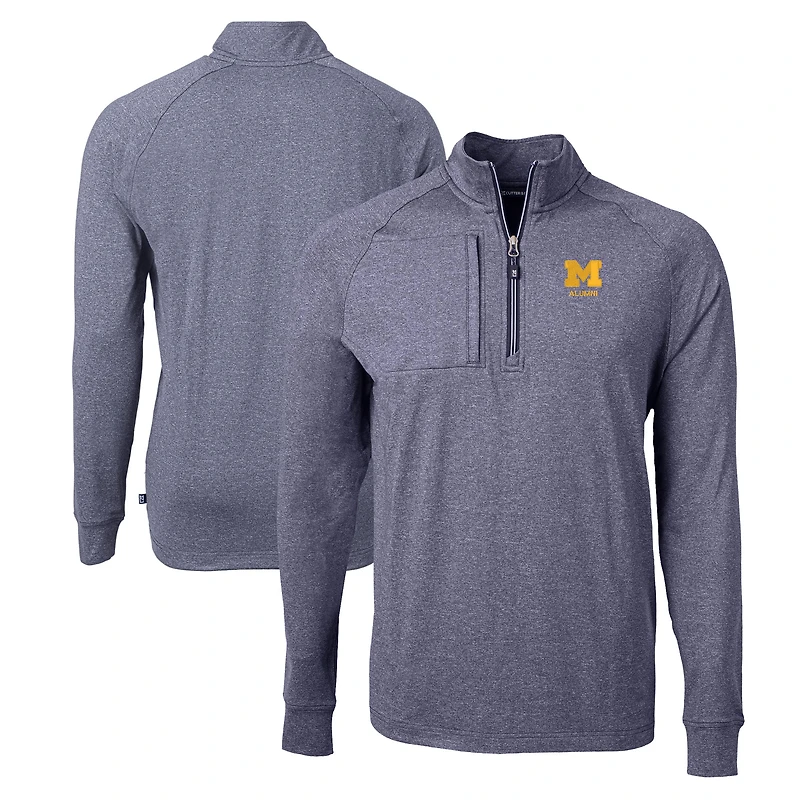 Men's Cutter & Buck  Heather Navy Michigan Wolverines Alumni Logo Adapt Eco Knit Heathered Recycled Quarter-Zip Pullover Top
