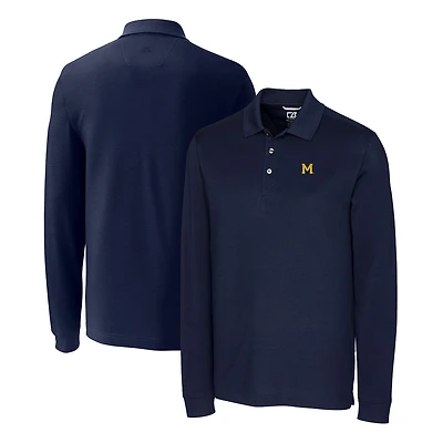 Men's Cutter & Buck Navy Michigan Wolverines Advantage Tri-Blend Pique Long Sleeve Polo