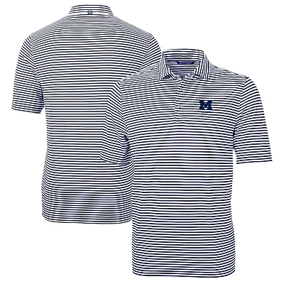 Men's Cutter & Buck  Navy Michigan Wolverines Alumni Logo Virtue Eco Pique Stripe Recycled Polo