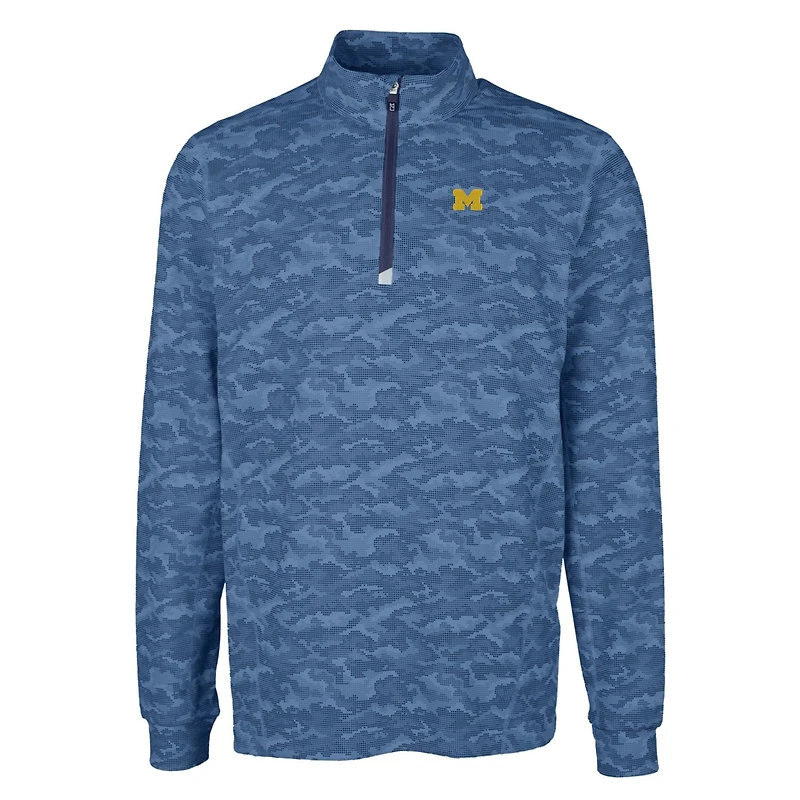 Men's Cutter & Buck Navy Michigan Wolverines Big Tall Traverse Camo Print Stretch Quarter-Zip Pullover Top