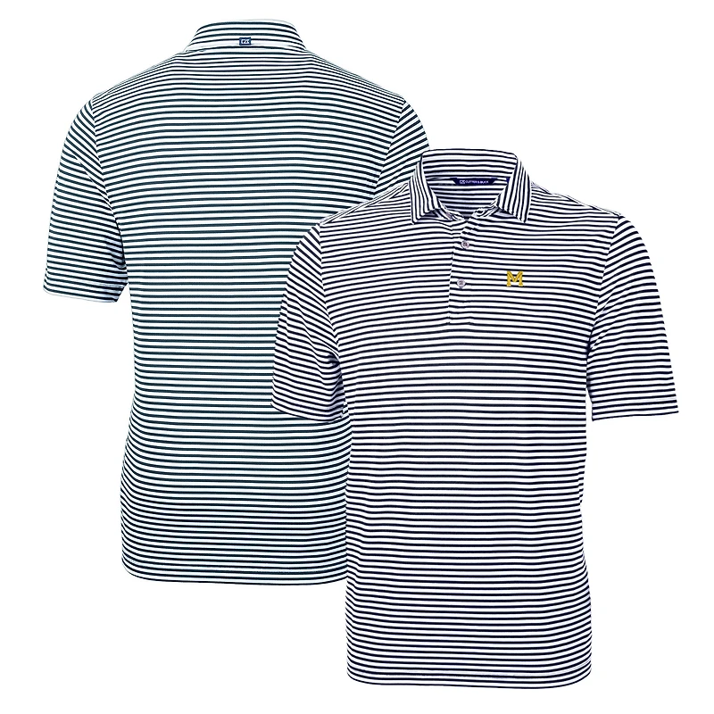 Men's Cutter & Buck Navy Michigan Wolverines Throwback Logo Virtue Eco Pique Stripe Recycled Polo