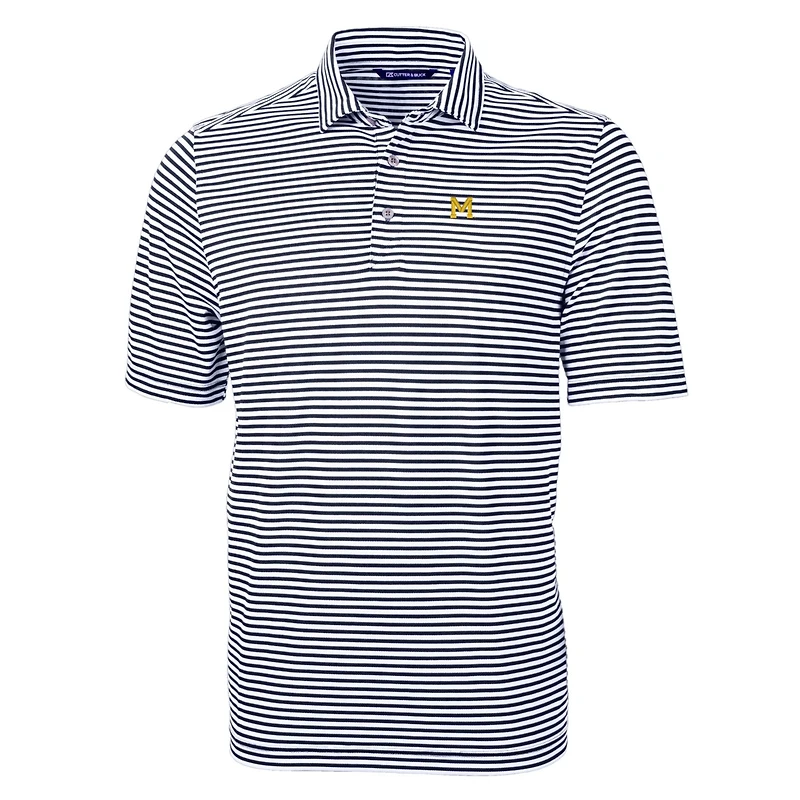 Men's Cutter & Buck Navy Michigan Wolverines Throwback Logo Virtue Eco Pique Stripe Recycled Polo