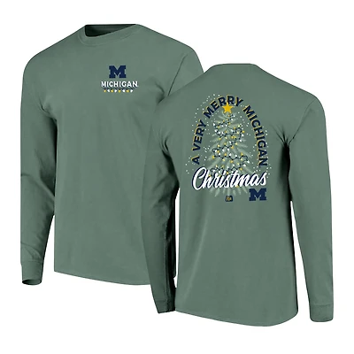 Men's  Green Michigan Wolverines Comfort Colors Merry Christmas Tree Long Sleeve T-Shirt