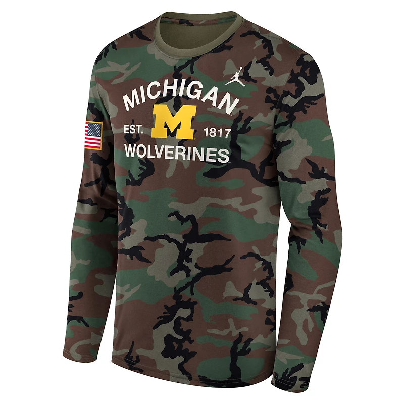 Men's Jordan Brand Camo Michigan Wolverines 2025 Military Appreciation Legend Dri-FIT Long Sleeve T-Shirt