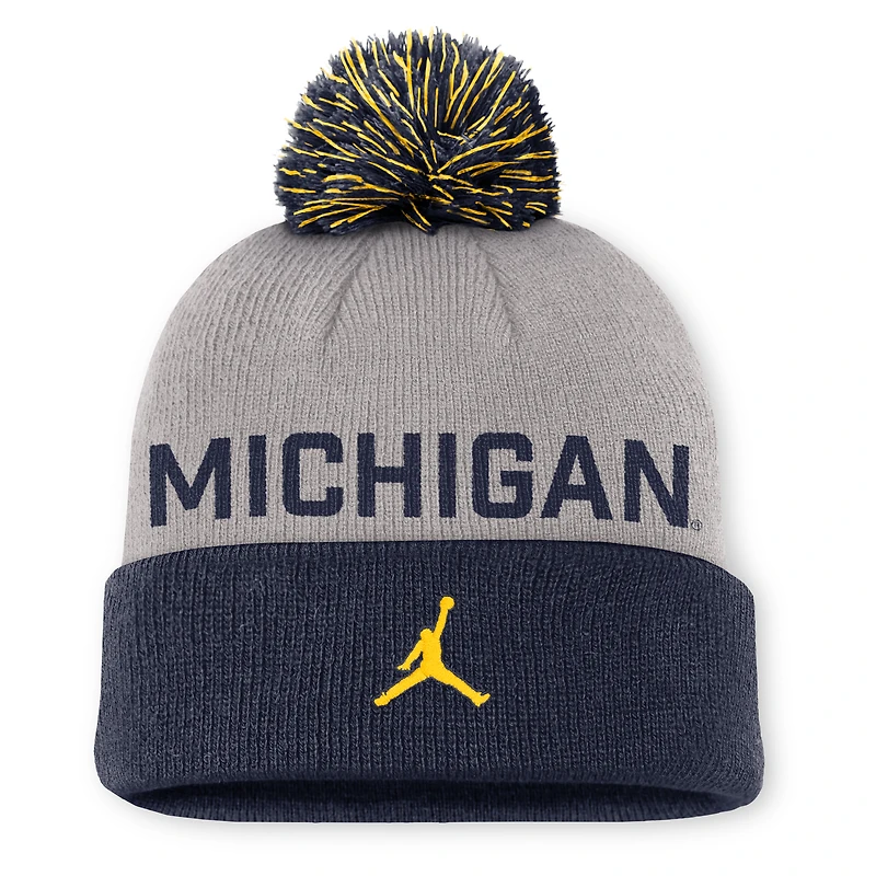 Men's Jordan Brand Gray/Navy Michigan Wolverines Primetime Peak Cuffed Knit Hat with Pom