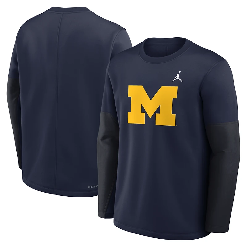 T-shirt à manches longues Jordan Brand Michigan Wolverines 2025 Sideline Coach Therma-FIT bleu marine pour homme